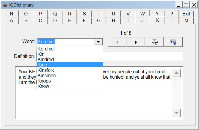 A Bible dictionary software program that provides word definitions for the King James Bible. Helpful Bible study tool.